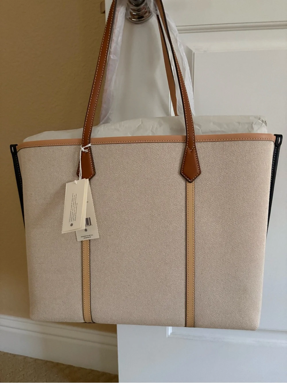 Tory Burch Perry Canvas Triple Compartment Tote Natural/Multi  NWT